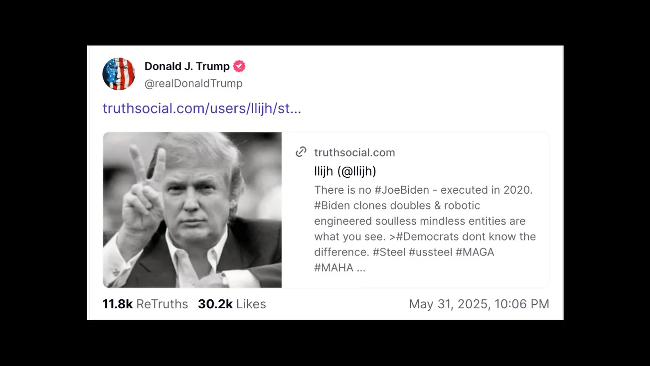 Trump shares conspiracy theory that Biden was executed in 2020, replaced with clone